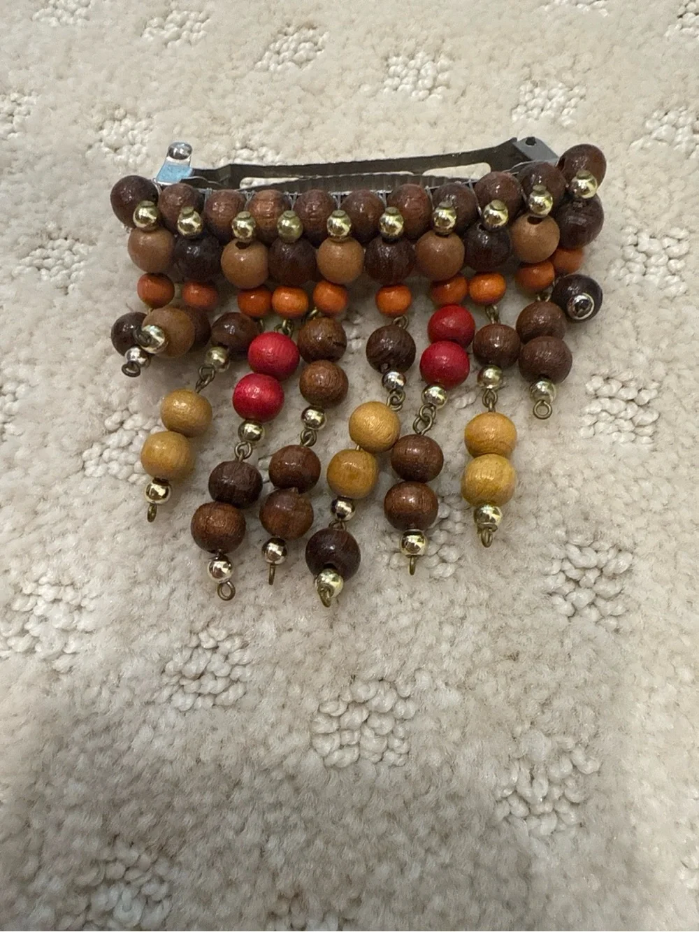 Vintage Boho Wooden Beaded Dangle Barrette Hair Clip 70s Style